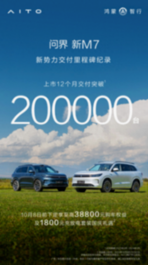 問界新M7交付量突破20萬臺 推出國慶購車權益